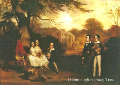 Camis Eskan, circa 1840
This painting by John Knox (1778-1845) shows some of the children of Colin Campbell of Colgrain fishing by the bridge in front of the remodelled house. He bought the estate in 1836 from James Dennistoun, the last of the Dennistouns of Colgrain, whose family had owned the land for over 500 years. The Dennistouns were granted the lands by the first Stuart king Robert II, who had married into the family, and whose son Robert III and all future Kings would have Dennistoun blood in their veins.
