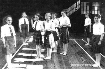 Dancing class
Hermitage Secondary School teacher John Blain's Scottish Country Dancing class around 1951-52. From left: Ailsa Pattison, Sylvia Mitchell, Judith Peel, Angus Tran, Pat Paterson, Ian McLeod, Gordon Fraser and John Trail. Image kindly supplied by Gordon Fraser.
