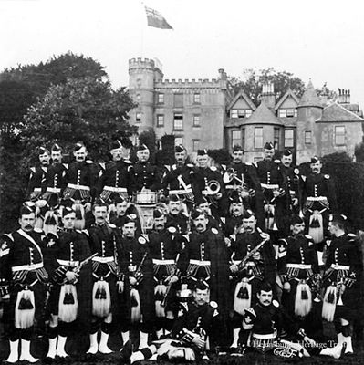 Band at Ardencaple
The band of the 1st Volunteer Brigade Highland Light Infantry â€” the Glasgow Highlanders â€” pictured in front of the now demolished Ardencaple Castle, Helensburgh. The photograph was taken on August 15 1901.
