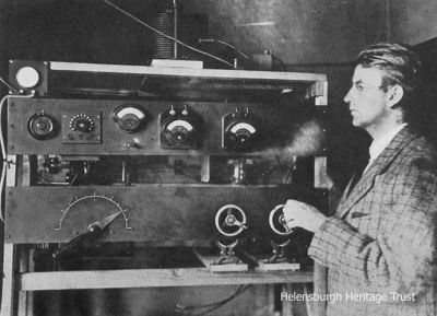 Wireless transmitter
This image from the 1926 book 'Television: Seeing by Wireless', written by Alfred Dinsdale, A.M.I.R.E., shows John Logie Baird with his wireless transmitting set at 2T.V. It had a power of 250 watts and a wave length of 200 metres. A copy of the first edition of this book fetched over Â£10,000 at a Christies auction.
