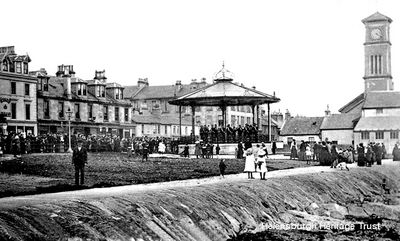 Seafront bandstand
A Boys Brigade band give a concert in the Helensburgh seafront bandstand, opposite West Clyde Street and the Eagle (now Imperial) Hotel. Circa 1912.
