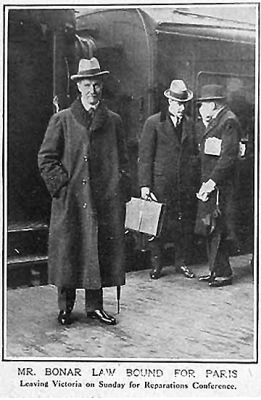 On route to Paris
Prime Minister Andrew Bonar Law pictured in The Graphic newspaper on his way to Paris for what turned out to be an unsuccessful conference on World War One reparations in January 1923. He proposed a scheme, which went by his name, for a final settlement of the reparations problem as an alternative to the application of force. However Poincare's French Government refused this scheme out of hand, and proceeded at once to the occupation of the Ruhr.
