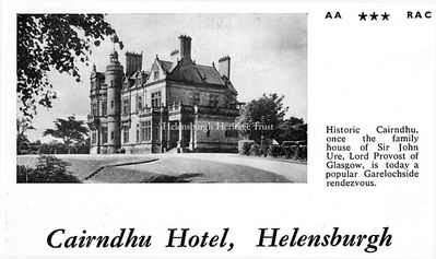 Cairndhu Hotel
A card advertising the historic Cairndhu Hotel, later a nursing home for the elderly and now disused, photographed by Helensburgh photographer Bill Benzie. Originally Cairndhu House, it was built in 1871 to a William Leiper design in the style of a grand chateau for John Ure, Provost of Glasgow, whose son became Lord Strathclyde and lived in the mansion.. Image supplied by Jim Chestnut.
