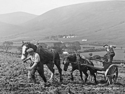Muck spreading
Photograph taken c.1913 probably by keen amateur photographer Robert Thorburn, a Helensburgh grocery store manager. It shows farm workers spreading muck on a hill at Duirlands Farm, Glen Fruin. Image supplied by David Clark from a collection of glass slides.
