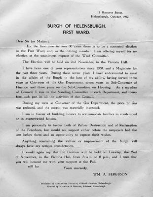 Ferguson election flyer
William A.Ferguson issued this flyer in his campaign for re-election for ward one on Helensburgh Town Council in 1937. He was successful, and went on to serve as Provost from 1944-5. Image supplied by Malcolm LeMay.
