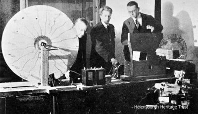 Early Apparatus
John Logie Baird shows his early television apparatus to William Le Queux (left), a novelist alive to be possibilies of radio experiment, at Hastings in 1924. Le Queux was one of only three men who showed interest in Baird's work at that time.
