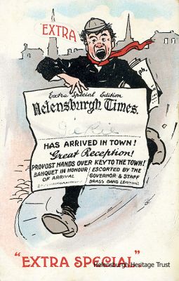 Spoof card
A card produced by Valentine's of Dundee showing a poster for an Extra Special Edition of the Helensburgh Times announcing someone's arrival in the town. A blank line was left to fill in the name â€” in this case Dickie. Image circa 1912.
