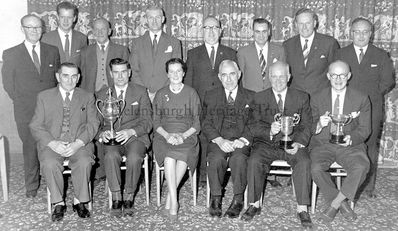 Hermitage bowlers
Hermitage club bowlers are pictured at their annual prizegiving in October 1962 at Kingsclere (now Commodore) Hotel, with Bailie Mrs Jae Gardiner and Provost J.McLeod Williamson in the centre of the front row.
