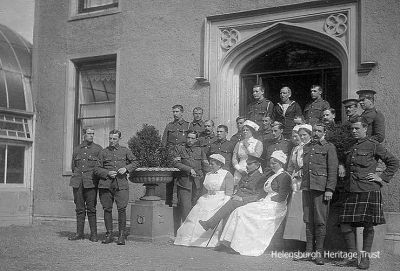 Hermitage patients
During World War One from 1914-18 the Helensburgh Town Council-owned Hermitage House in Hermitage Park became a military hospital with a capacity for 58 patients who were sent from Stobhall Hospital in Glasgow. The wounded men in their blue uniforms were a familiar sight in the town, being wheeled around the park by their nurses. A number of local ladies and girls helped out in the hospital and the local Red Cross detachment also assisted the trained nurses. Many local girls met their future husbands among the wounded â€˜tommiesâ€™, and patients were taken on outings in a horse-drawn carriage from Waldie & Co. in Sinclair Street.
