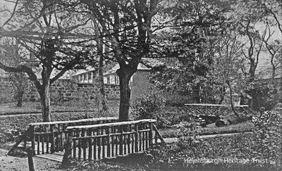 Two rustric bridges
Two bridges at the south end of Hermitage Park, with Hermitage School over the wall, and Malig (or Millig) Mill beyond the second bridge. Image by courtesy of Helensburgh Library; date unknown.
