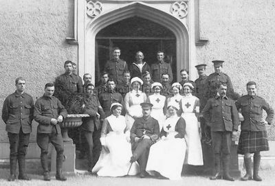 Hermitage Hospital
Nurses and servicemen pictured in June 1915 outside the World War One Hermitage House Auxiliary Military Hospital. Originally the home of the Cramb family, who sold what was then called Cramb Park to the Town Council in 1911 for Â£3,750, the mansion became an annexe to Hermitage School after the war. After 1926 it became a council workshop and store, and it was eventually demolished in 1963.
