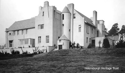 Hill House 1904
An image of The Hill House, the Upper Colquhoun Street mansion designed by architect Charles Rennie Mackintosh for publisher Walter W.Blackie, shortly after construction finished in 1904. Â© Royal Commission on the Ancient and Historical Monuments of Scotland.

