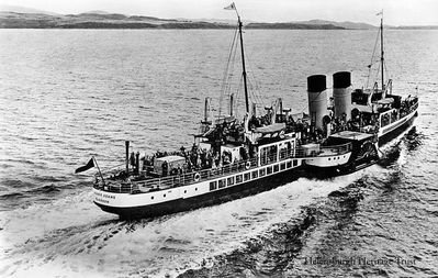 PS Jeanie Deans
A packed Jeanie Deans pictured shortly after leaving Craigendoran Pier in 1954. The paddle steamer was built by Fairfield at Govan and launched in 1931, then extensively refitted after war service. She remained a passenger favourite on cruises from Craigendoran until the end of the 1964 season. The next year she went to the Thames and was renamed 'Queen of the South'. She was broken up in Antwerp, Belgium, in 1967.
