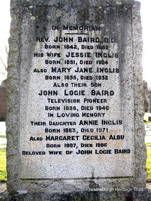 Family grave
The Baird family grave in Helensburgh Cemetery. Among those buried there are the Rev John Baird, his son TV inventor John Logie Baird, and JLB's wife Margaret. Photo by Stewart Noble.
