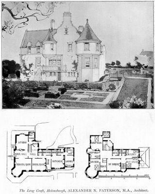 Long Croft
A 1903 image of a drawing of and plans for Long Croft, West Rossdhu Drive, Helensburgh, designed and built by noted burgh architect and artist Alexander Nisbet Paterson. He lived there with his artist wife Maggie, nee Whitelaw Hamilton, and family for many years.
