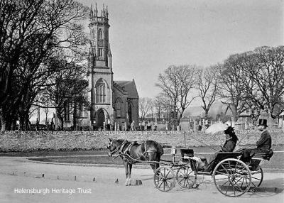 A Phaeton carriage is stationary outside Rhu Parish Church. 1894 image supplied by Donald John Chisholm.
