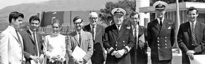 Meet the Press
Members of the press visit the Clyde Submarine Base at Faslane on June 11 1969. Second left is Bill Heaney (County Reporter, Dumbarton), and beside him is Angela Sandeman (Helensburgh and Gareloch Times). The naval officers are Commodore Clyde Peter G.la Niece and Commander George Haynes, and between them is Gerry Fitzgerald (Fitzgerald Owens News Agency, Dumbarton). On the right is Donald Fullarton (Helensburgh Advertiser).
