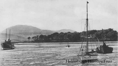 Rhu Bay
A yacht and two other vessels lie at anchor in Rhu Bay during the Second World War. Image, published by Winton, Post Office, Rhu, circa 1944.
