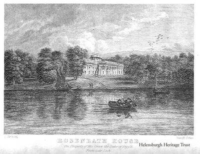 Rosneath House
A print of Rosneath Castle probably from a book written by John M.Leighton around 1840, entitled "Strath Clutha or Beauties of the Clyde". The name J.Fleming is in the bottom left corner and the name Joseph Swan in the bottom right corner. John Fleming was a Greenock artist who lived from 1792-1845. Joseph Swan was a Glasgow engraver and, it would appear, something of an entrepreneur. Image supplied by Stewart Noble.

