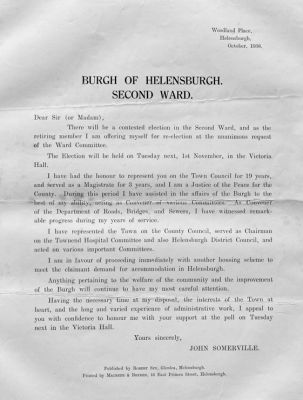Somerville election flyer
John Somerville issued this flyer in his campaign for re-election for ward two on Helensburgh Town Council in 1938. He was successful, and went on to serve as Provost from 1941-44, and again in 1945. Image supplied by Malcolm LeMay.
