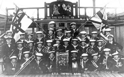 TS Empress
One of the bands which were a feature of life on the Training Ship Empress, moored in the Gareloch. They frequently played at the Kidston Park bandstand, and were in demand to play at other events. Empress was the second of two charitable training ships for boys, and was in the Gareloch from 1889 until the 1920s, with staff giving a tough and sometimes brutal training to the 300 boys on board at any time. Image date unknown.
