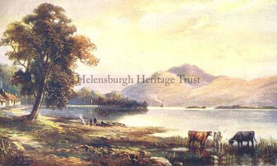 Ben Lomond from Tarbet
A view of Ben Lomond from across Loch Lomond at Tarbet, with cattle in the foreground and a steamer in the distance, circa 1907. The artist's name appears to be P.Wansey, but the signature is hard to make out.

