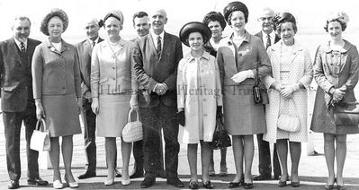 Helensburgh Toastmistress Club
Members of Helensburgh Toastmistress Club are pictured with guest speaker Jack House, a well known Glasgow journalist, on the lawn in front of the Queen's Hotel prior to their annual luncheon. Image date unknown.
