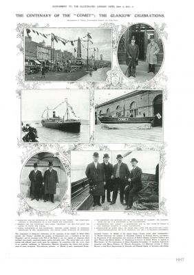 Comet Centenary
The first page of a supplement to the Illustrated London News of September 7 1912 recording the centenary of the launch of Henry Bell's Comet. This page shows images of from the celebrations in Helensburgh and Glasgow.
