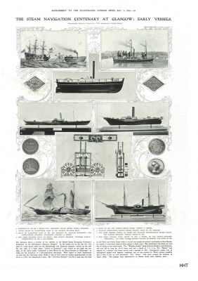 Comet Centenary
The third page of a supplement to the Illustrated London News of September 7 1912 recording the centenary of the launch of Henry Bell's Comet. This page shows images of early steamships and Helensburgh ticket tokens.
