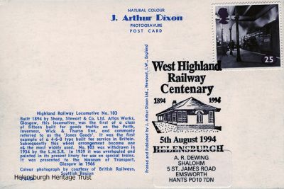 Centenary
A postcard issued on August 5 1994 to mark the centenary of the West Highland Railway in Helensburgh.
