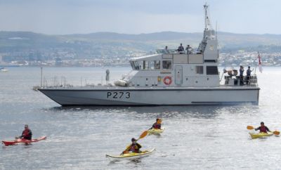 Patrol boat
HMS Pursuer, a patrol boat from the Clyde Naval Base at Faslane, led the nautical procession from Rhu Marina to Helensburgh pier for the bicentenary celebrations on Saturday August 4 2012, and local canoeists were in attendance. Photo by David Ronald.
