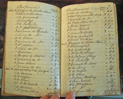Account book
A page from Henry Bell's Account Book which covers most of 1820 from the fit out at the beginning of the season to the attempts to recover the engine from the wreck in December. The page is from October and shows the details of fares collected from passengers and where they were going to/coming from. Image courtesy Culture and Sport Glasgow (Museums).
