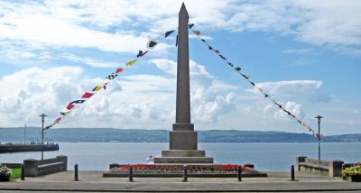 Bunting at obelisk
The area around the Henry Bell obelisk in West Clyde Street, Helensburgh, was refurbished by Argyll and Bute Council in advance of the bicentenary celebrations on Saturday August 4 2012. Photo by John Urquhart.
