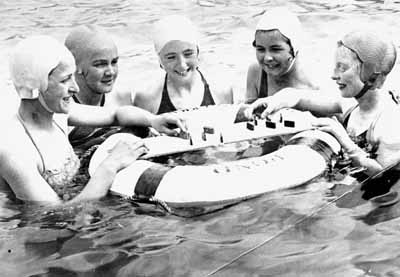No Chaps!
Five lady swimmers play dominoes in Helensburgh Outdoor Pool in the 1930s.
