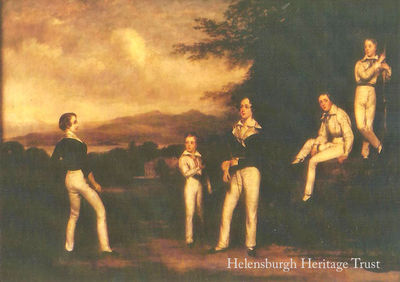 Camis Eskan, circa 1840
This painting by John Knox (1778-1845) shows the sons of Colin Campbell of Colgrain standing around the ice house above Camis Eskan. He bought the estate in 1836 from James Dennistoun, the last of the Dennistouns of Colgrain, whose family had owned the land for over 500 years. The Dennistouns were granted the lands by the first Stuart king Robert II, who had married into the family, and whose son Robert III and all future Kings would have Dennistoun blood in their veins.
