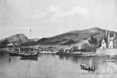 Helensburgh in 1851
This print of Helensburgh was presented by the townspeople in 1851 to Provost Peter Walker, who held the office from 1850-53. It was by D.Maitland McKenzie, lithograph by Allen Ferguson of Glasgow. Almost Canaletto in style, it shows the stately summer residences of the Glasgow merchants, and Henry Bell's Baths (later Queen's) Hotel can be seen.
