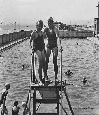 Outdoor pool
Two swimmers on the slide at Helensburgh Outdoor Pool in August 1938.
