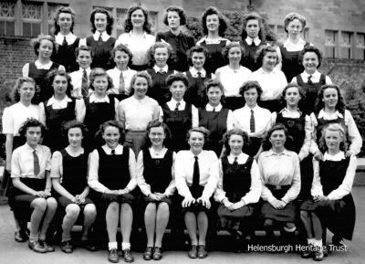 1944 Hermitage 4th Year girls
Back row from left, Macdonald, Morrison, Ewing, Crnish, Grant, McKinlay, Gall; third row, Arnott, ?, McKay, Ronald, Spy, McKay, McGuire. Macalpine, second row, ?, ?, Barr, ?, ?, McCaw, Crearand, Jane, Macdonald, front row, Cowan, Hughie, Anton, McKellar, Robertson, Marshall, McGruer. Missing, corrected and first names would be welcomed. Image supplied by Liz Sutherland.

