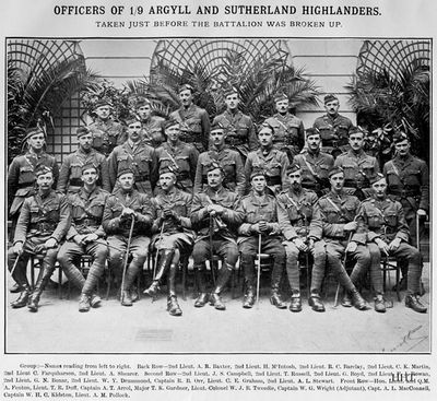 1/9th Argylls Officers
A group photo of the officers of 1/9 Argyll and Sutherland Highlanders, taken just before the Battalion was broken up in July 1917. This image is from a booklet entitled 'With the 9th Argylls in France and Flanders', printed and published by Macneur & Bryden Ltd. in Helensburgh and donated to Helensburgh Heritage Trust in 2010.
