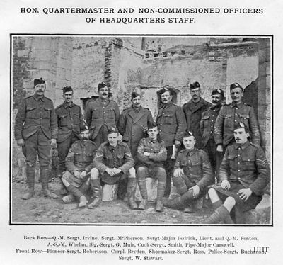 9th Argylls NCOs
A group photo of the Hon Quartermaster and Non-Commissioned Officers of Headquarters Staff of the 9th Dumbartonshire Battalion of the Argyll and Sutherland Highlanders, taken amid the ruins of Ypres in April 1915. This image is from a booklet entitled 'With the 9th Argylls in France and Flanders', printed and published by Macneur & Bryden Ltd. in Helensburgh and donated to Helensburgh Heritage Trust in 2010.
