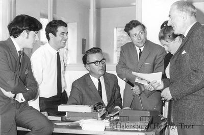 Advertiser staff
The Rev Murdoch McPherson conducts a radio interview for the BBC in the Helensburgh Advertiser editorial office in East King Street in the late 1960s. From left: Gordon Terris, Bill Heaney, proprietor Craig M.Jeffrey, Mr McPherson, Angela Sandeman, Jimmy Allan.
