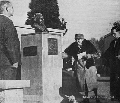 Sister unveils bust
Miss Annie Baird, sister of John Logie Baird, unveiled a bust of the TV inventor in Hermitage Park, Helensburgh, in 1960. Also in the picture are the Rev Robert Cairns, minister of St Bride's Church where Baird's father was minister. Some years later the bust was moved to a position on the seafront opposite William Street.
