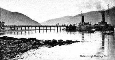 Arrochar steamers
Passengers can be seen boarding one of two steamers alongside Arrochar pier at the head of Loch Long. Image circa 1906.
