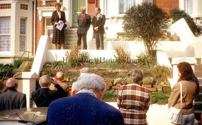 Plaque unveiling
Hastings museum curator Miss Victoria Williams tells a story about John Logie Baird and his work in Hastings at the unveiling on March 12 1997 of a plaque at the house in Linton Crescent where he lived in the early 1920s and developed his invention of television. Centre is Dr Brian Manley, president of the Institute of Physics, and right is the Mayor of Hastings.
