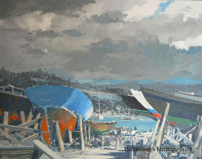 “Boatyard, Kilcreggan” by Arthur Henry Turner
This is one of two works by Arthur H.Turner (1901–1970) acquired by the Anderson Trust, the other being “Clyde Regatta”.
