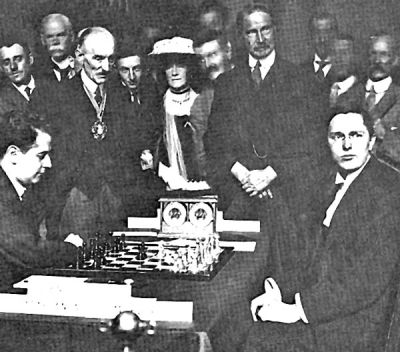 Passion for chess
Bonar Law was a great chess enthusiast, and was a highly rated player. He is pictured here at the London International Chess Congress in July and August of 1922 with the Mayor of Westminster, a few weeks before he became Prime Minister. The players were José Raúl Capablanca y Graupera, world champion in 1922, (left) and Machgielis Euwe. known to all as Max. Photo by courtesy of the Chess Scotland History Archive at www.chessscotland.com/documents/history/latest_additions.htm.

