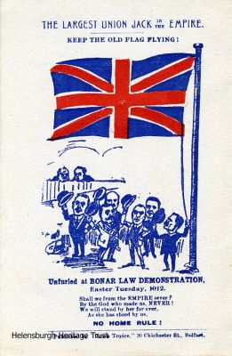 Bonar Law demonstration postcard
A sketch of what was claimed to be the largest Union Jack in the Empire being unfurled at the Bonar Law demonstration in Belfast on Easter Tuesday 1912, calling for 'No Home Rule'. Published by 'Town Topics', 30 Chichester Street, Belfast.
