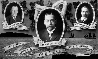 One Empire
A loyal postcard of One King, One Flag, One Fleet, One Empire features King George V with Irish Unionist politician, barrister and judge the Rt Hon Sir Edward H.Carson, and Unionist Party Leader Andrew Bonar Law from Helensburgh.
