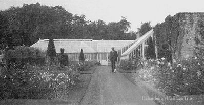 Camis Eskan greenhouse
The large greenhouse at Camis Eskan, on the east side of Helensburgh. The man is possibly Jimmy Orr and the picture may have been taken by his son-in-law George Truman, who was chauffeur to the Dennistouns who owned the mansion when he married Agnes (Cissie) Orr in 1924. Image, circa 1930, supplied by Alistair Quinlan — Agnes was his great aunt.
