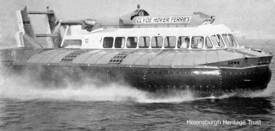 Hovercraft at speed
The Clyde Hover Ferries Westland SRN6 hovercraft, which operated a service from Craigendoran pier to Greenock from 1965-6 is pictured. Powered by a Bristol-Siddeley Marine Gnome engine, it was 48 foot long, could carry 48 passengers, and had a maximum speed over calm water of 64 knots. However the service attracted fewer passengers than hoped for, and did not prove viable. 
